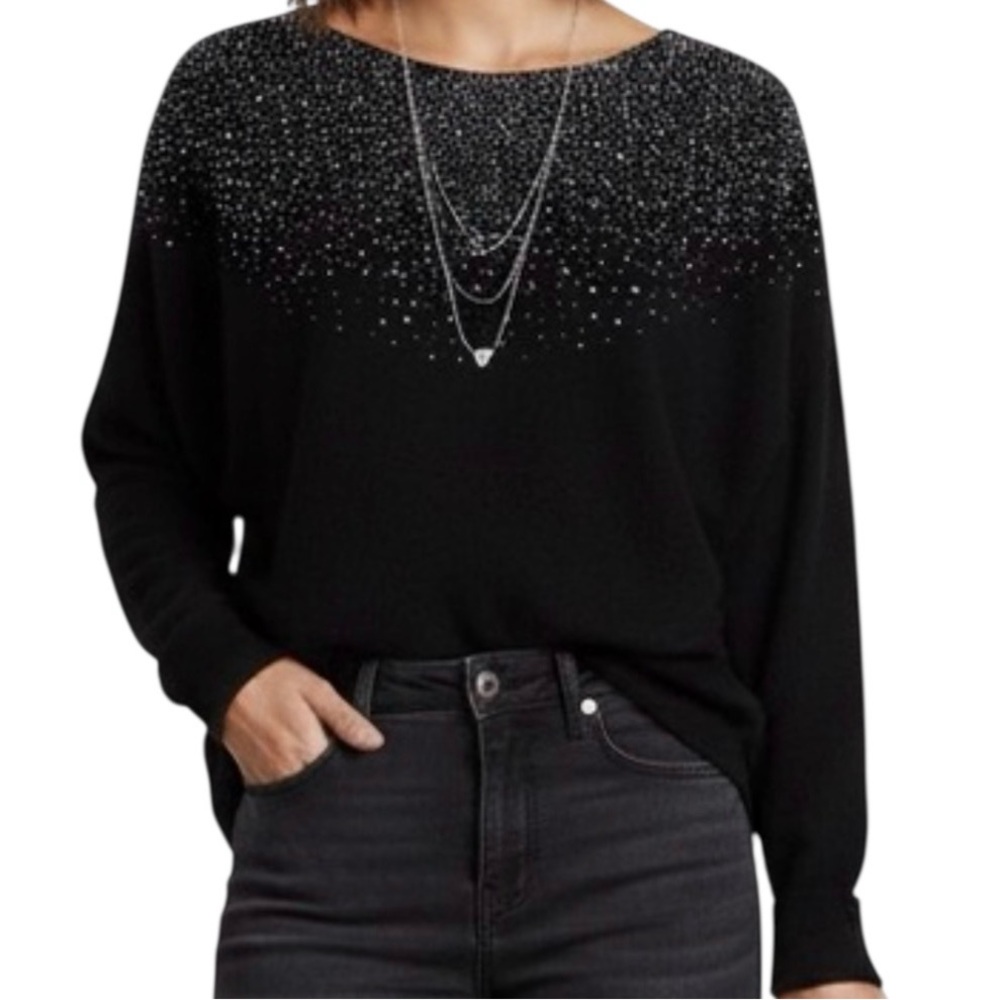 Elle Black Scoop Neck Sweater Silver Sparkle Rhinestones 3/4 sleeves Oversized